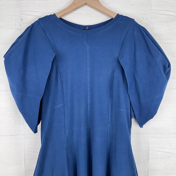 eShakti Midi Dress Size M Blue Fit Flare Asymmetric Puff Sleeve Jersey Cotton - Picture 3 of 14